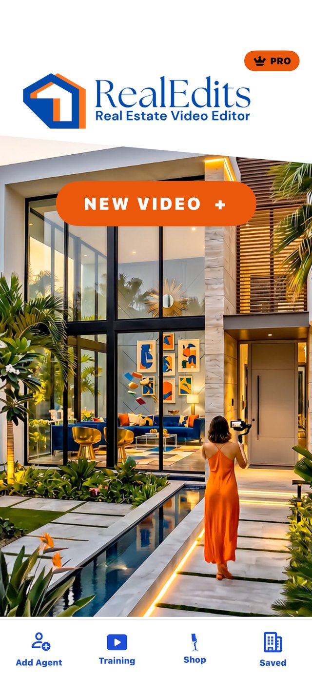 RealEdits app home screen on iPhone — tap New Video to start a listing